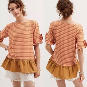 Anthropologie Maeve Ruffled Peplum Top New Large Neutral Motif Stripe Orange Tan